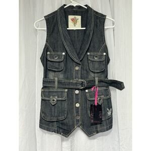 Playboy Y2K Denim Vest Deadstock Embroidered Rhinestone Size Small Jean 2007